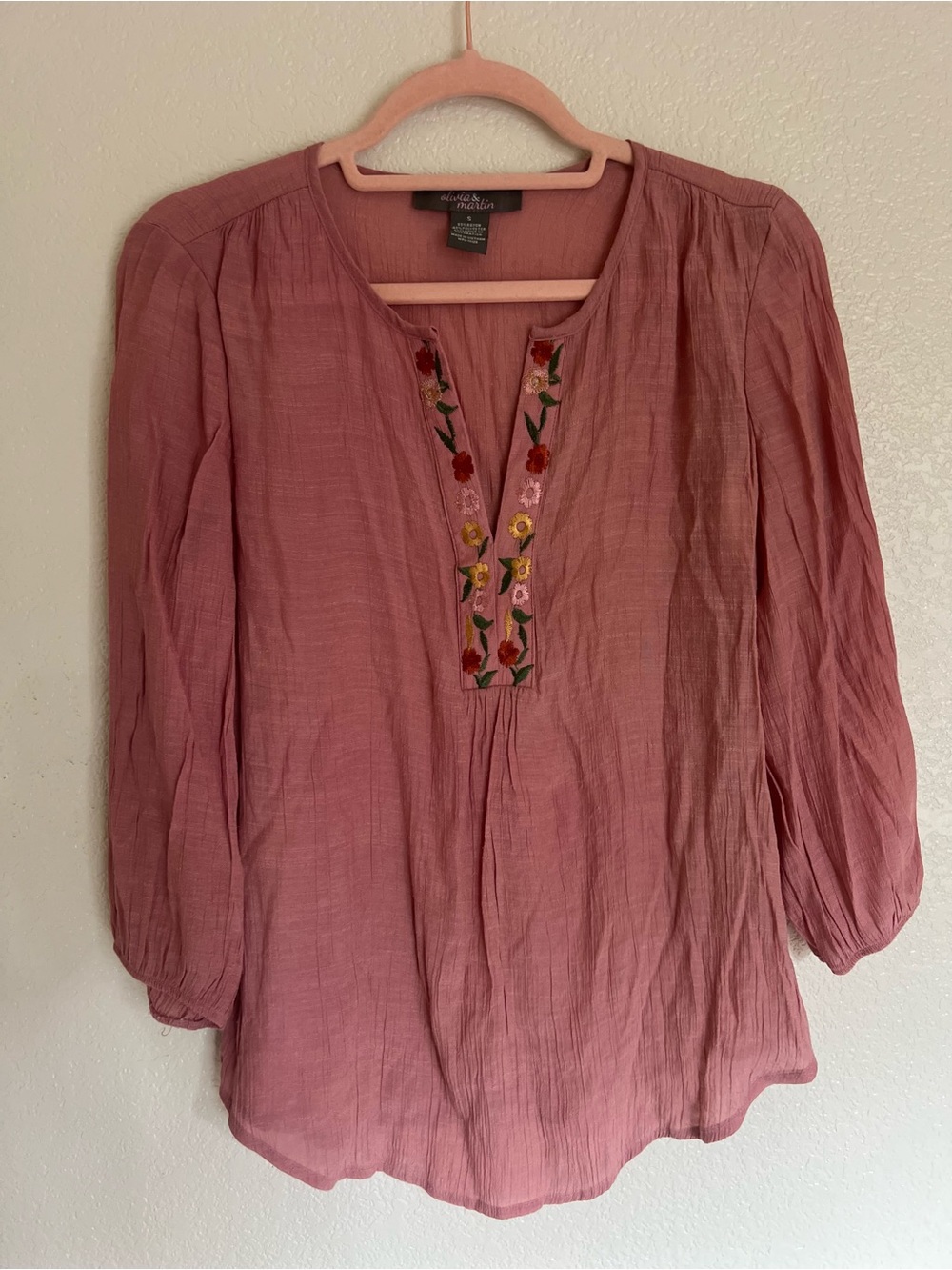 Embroidered Dusty Rose Peasant Tunic